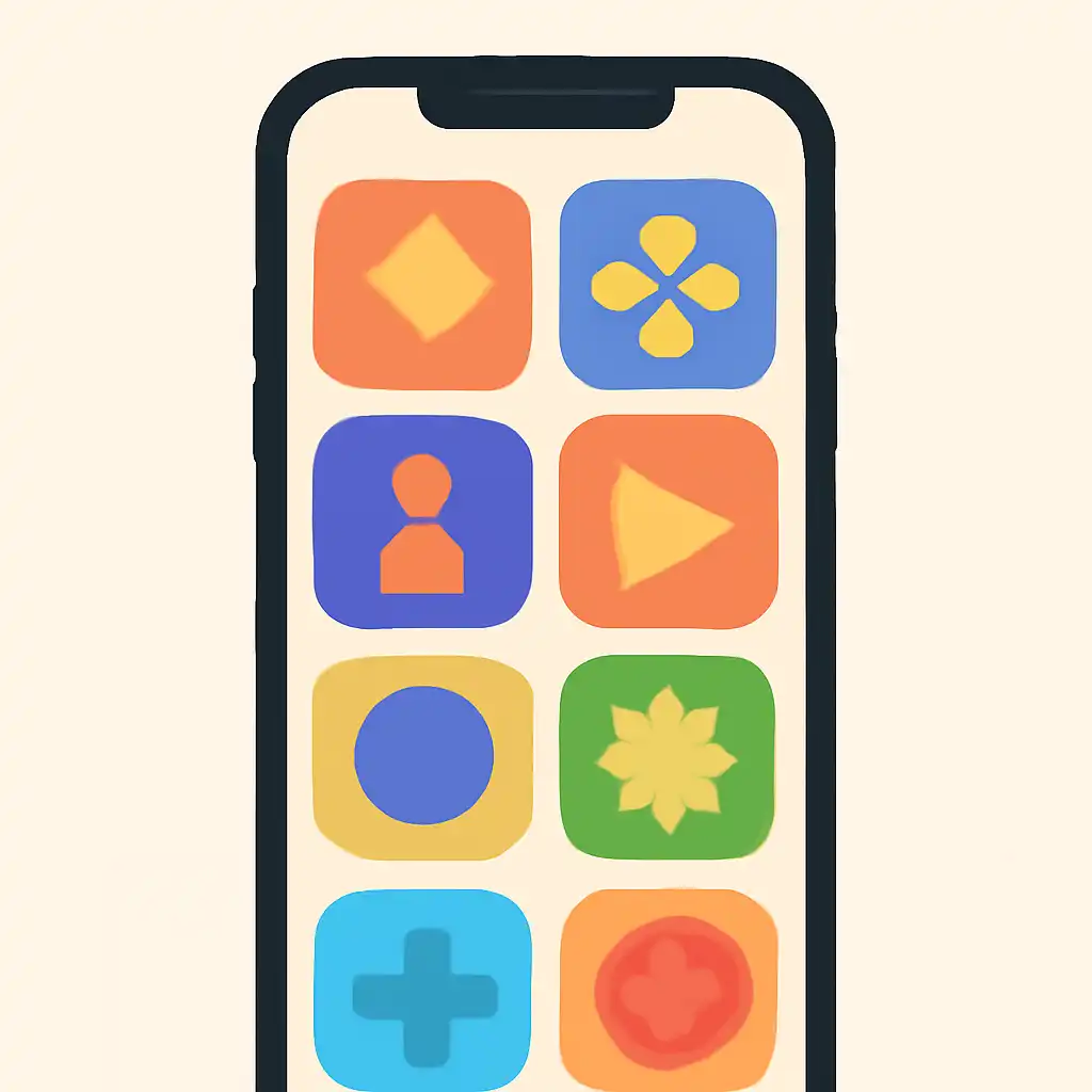 Smartphone shown from the front displaying a colourful flat layout of abstract game icons and rounded tiles (no text, no letters, no labels), 92 Game
