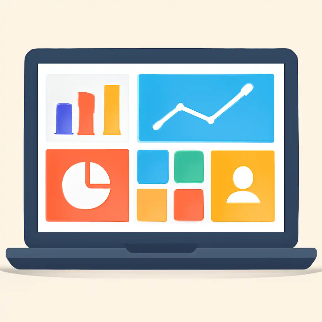 Laptop shown from the front displaying a colourful flat dashboard of abstract charts, bars and icon tiles (no text, no letters, no labels), 92 Game