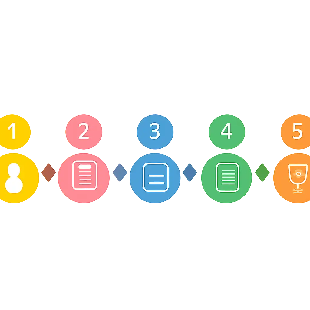 Five numbered circular icons connected by arrows in a horizontal flow, flat illustration, icons only, no words, 92 Game steps