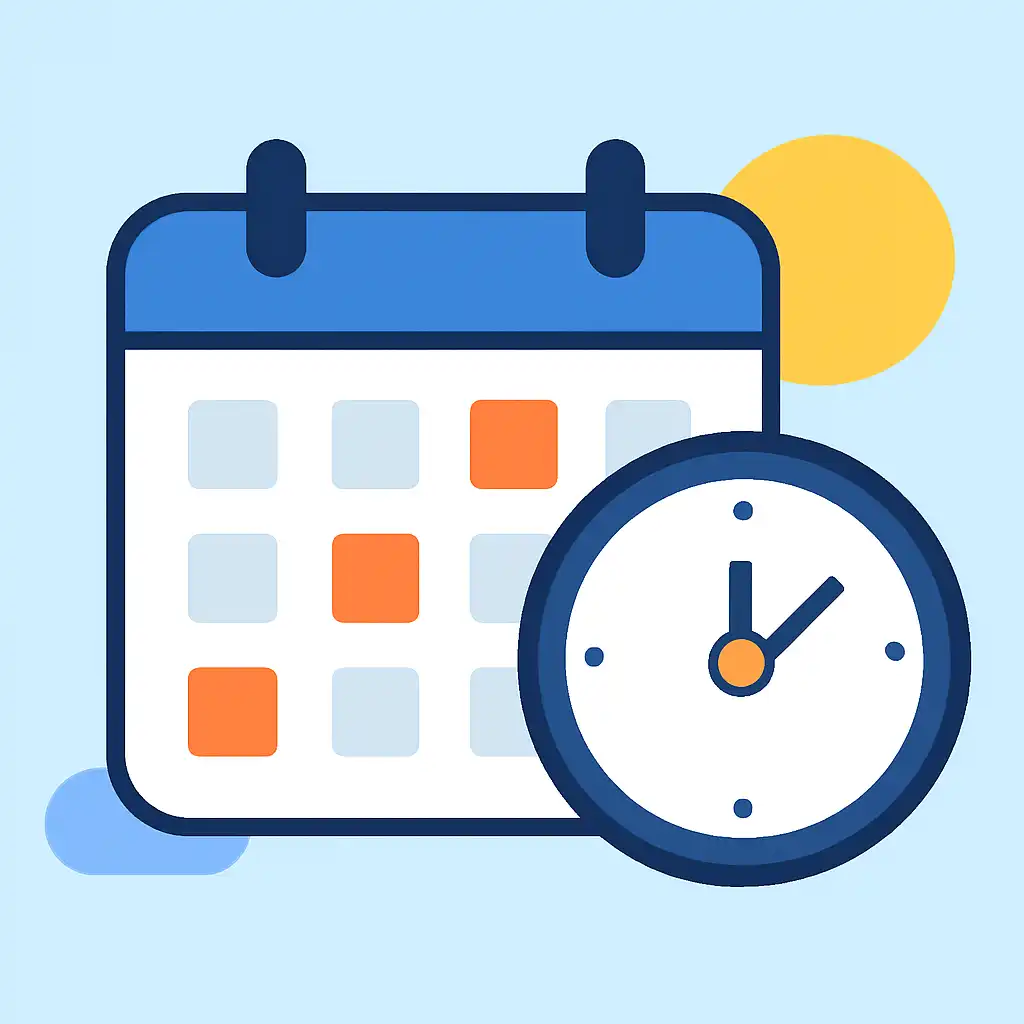Calendar with clock: 92 Game timing and schedule visual